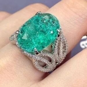 Silver Emerald Zircon Ring with Diamond CZ Accents